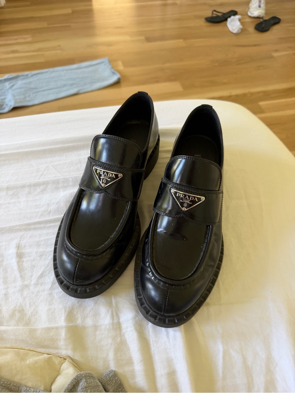 Prada Black Leather Logo Loafers (AUTHENTIC)